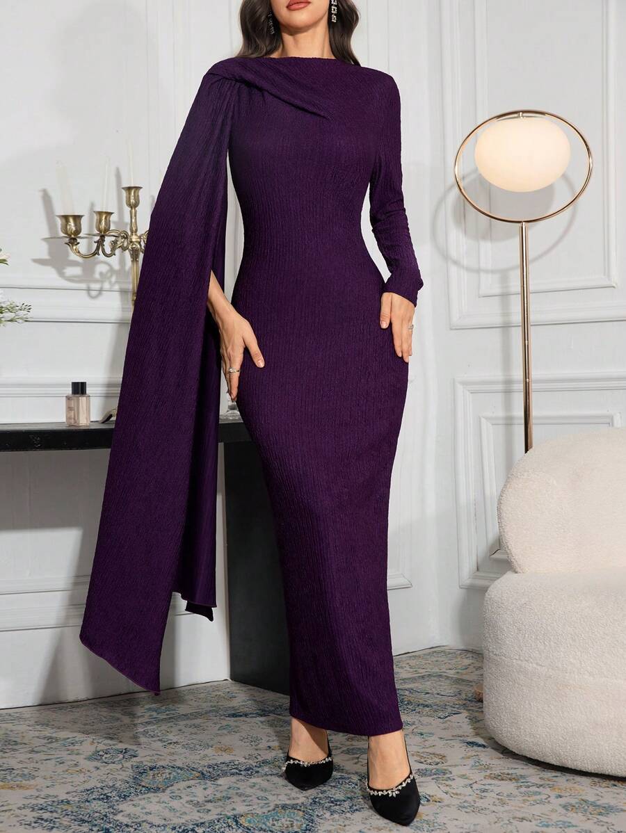 Modelyn Women Round Neck Long Sleeve Minimalist Fitted Dress Long Evening Dresses