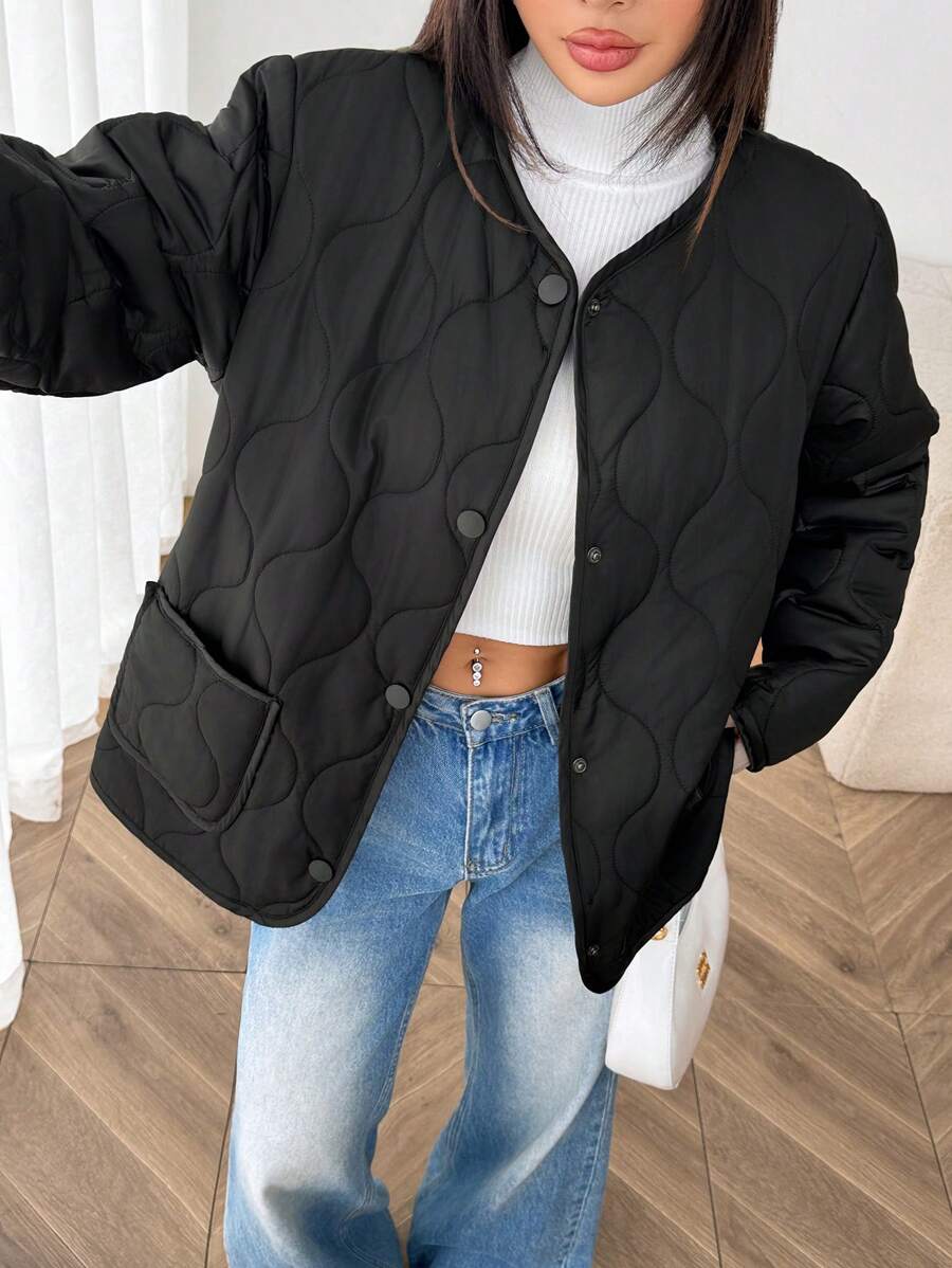 SHEIN EZwear Cardigan col rond noir et blanc pour femmes grandes tailles, doublure matelassée chaude, veste d'hiver casual pour le quotidien, l'école, les sorties