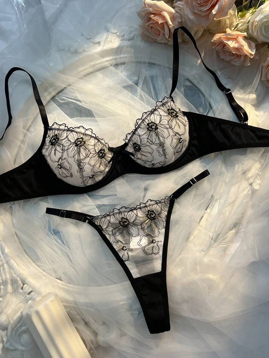 2 piezas Conjunto de lencería de la serie Rosa Negra para mujeres