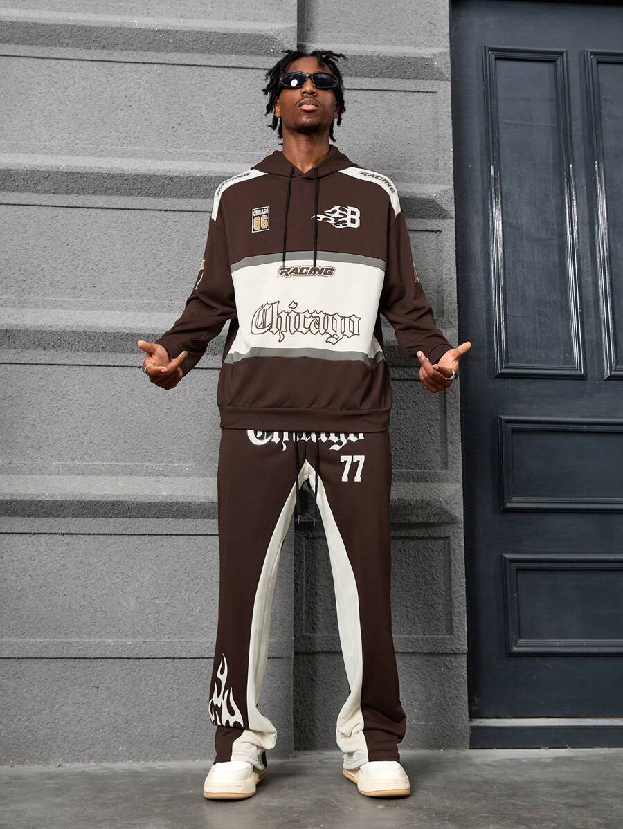 Manfinity Streetrush 2pcs/Set Men Fashion Brand Hoodie Sweatshirt & Flared Pants Tracksuit
