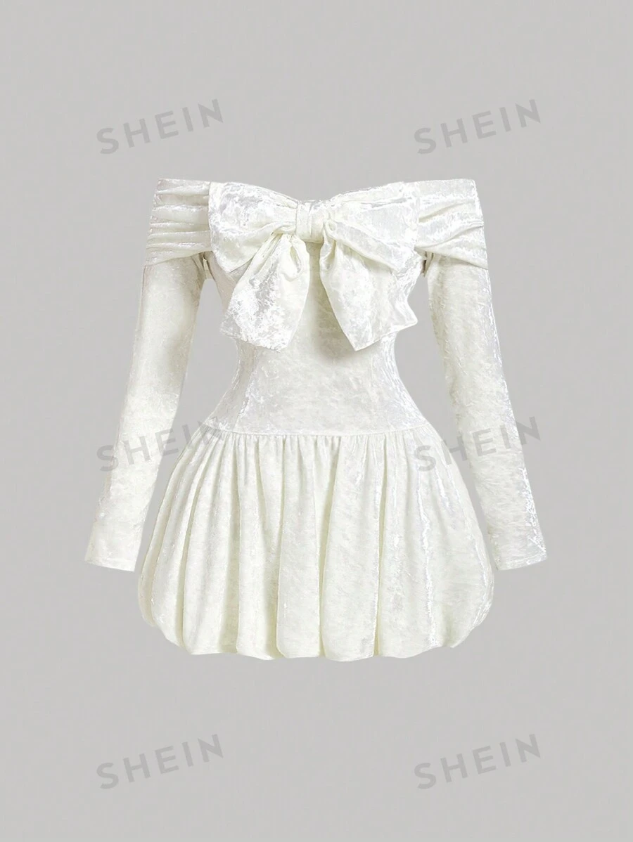 SHEIN MOD Vestido burbuja de manga larga con hombros descubiertos, moño y terciopelo blanco, estilo retro y dulce, para mujer de talla grande, vestido de otoño-invierno