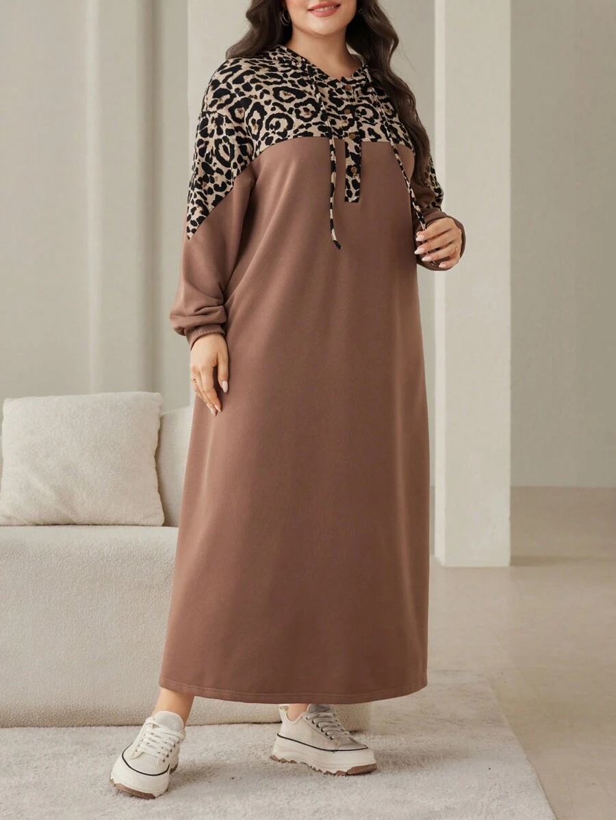 Lacomfia Vestido largo de manga larga con capucha y cordón de ajuste con estampado de leopardo, estilo modesto árabe, para mujer talla grande, para primavera/otoño