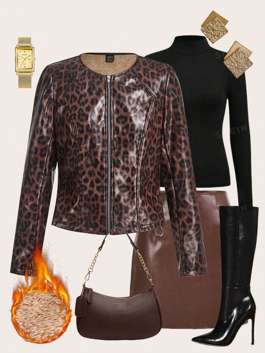 Ellevyn Women's Leopard Print PU Lined Thick Front Zip Up Jacket