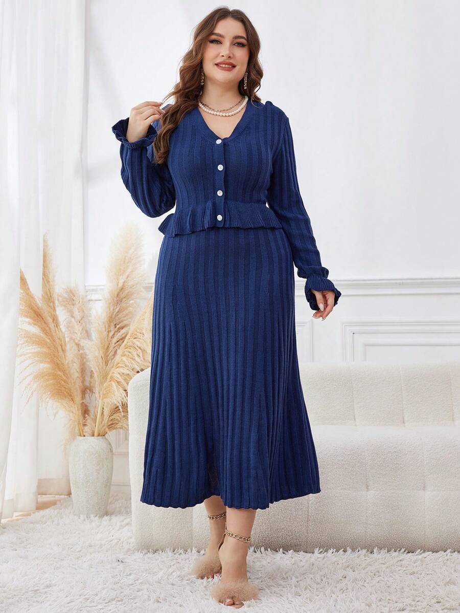Modelyn Plus Size Elegant Solid V-Neck Long Sleeve Sweater Dress, For Winter