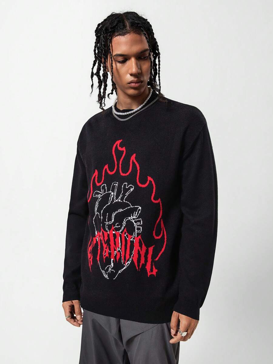SHEIN Teen Boys' Flame Pattern Knit Sweater With Crew Neck Design