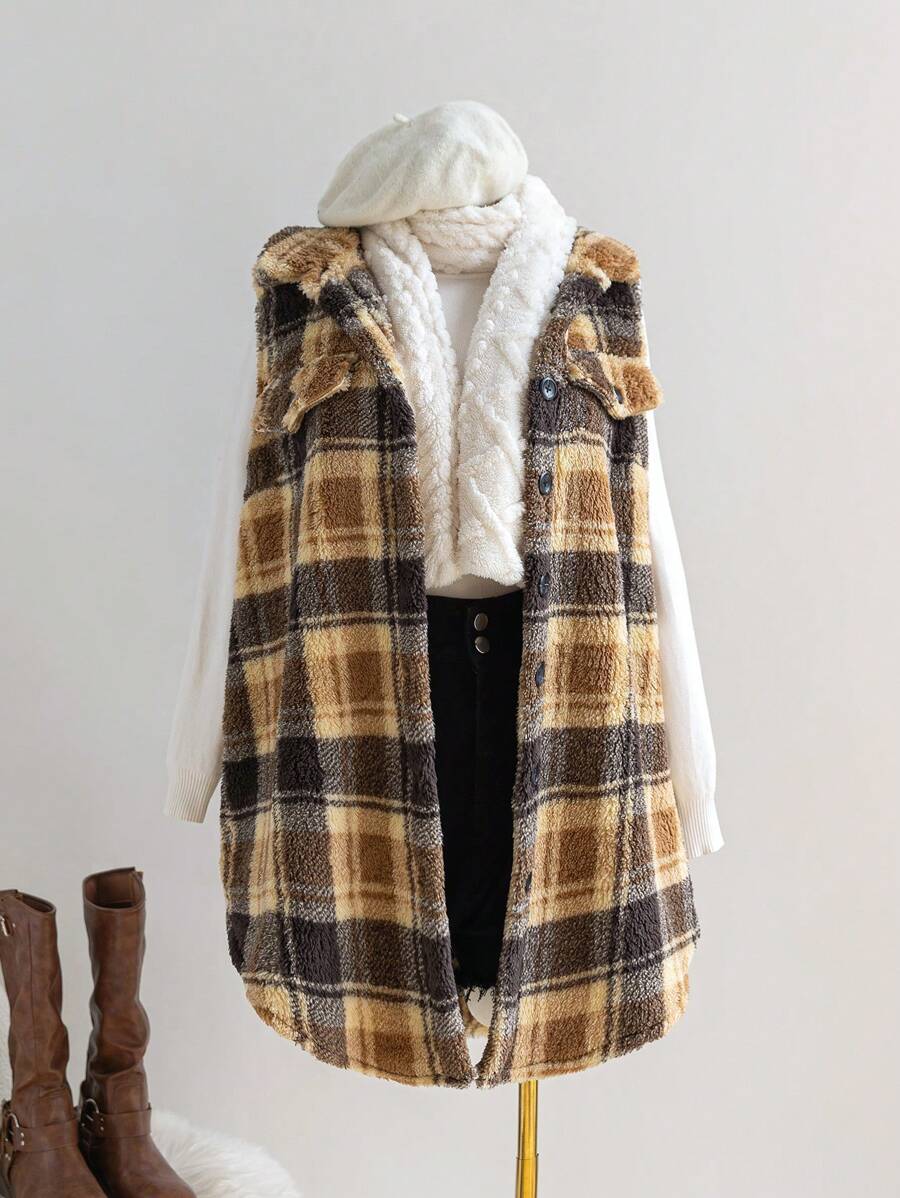 SHEIN EZwear Chaqueta con botones de forro polar a cuadros para mujer talla grande, ropa de otoño e invierno