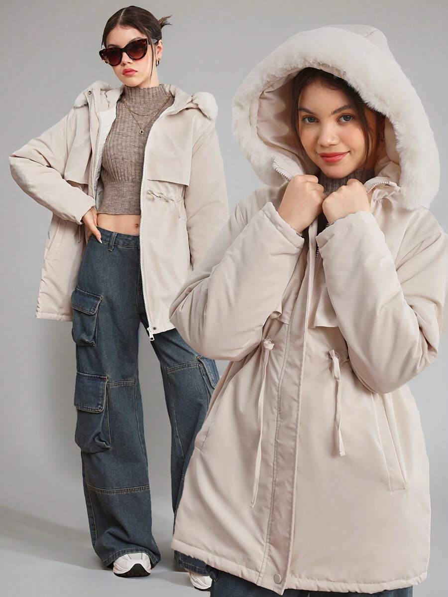 Girl & Teen Girls Casual Cinched Waist Mid-Length A-Line Padded Coat With Fur Collar For Daily Wear, Suitable For Winter