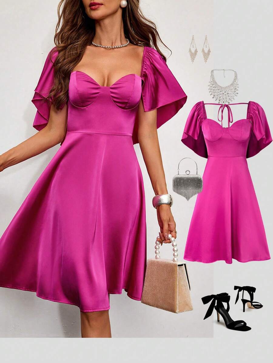 Allurite Ruffle Trim Strapless Peplum Party Dress With Flare Sleeves