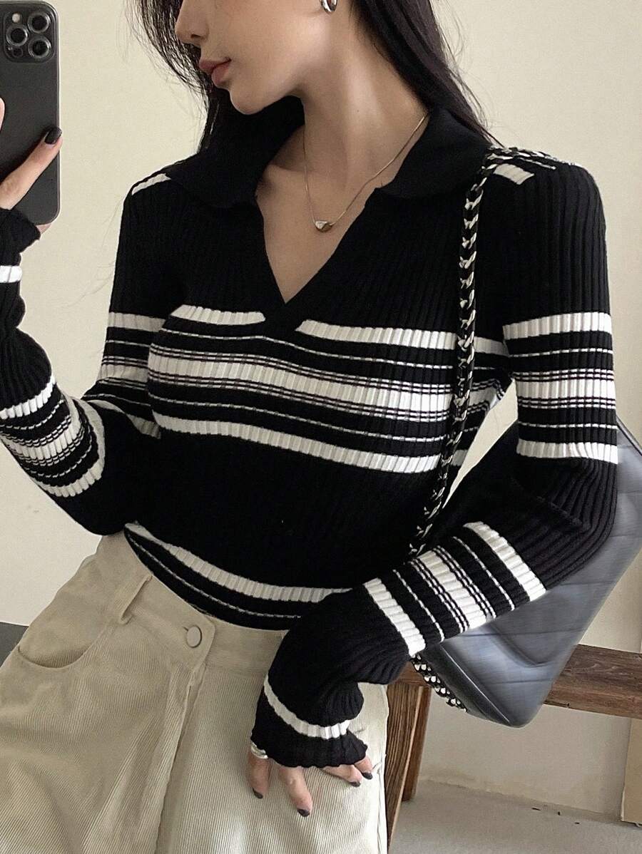 DAZY Women's Striped Collared Long Sleeve Business Casual Pullover Sweater
