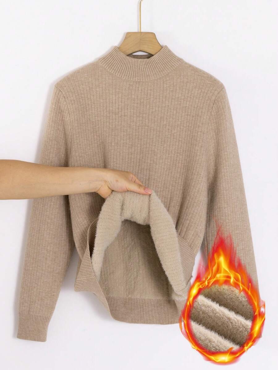Flirla Plus Size Solid Stand Collar Casual Long Sleeve Sweater, Autumn/Winter