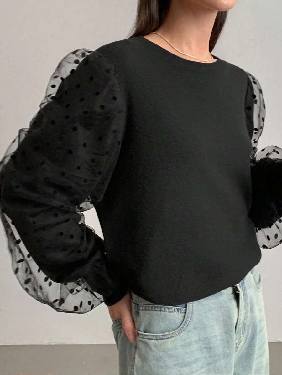 FRIFUL Women Fashion Polka Dot Mesh Contrast Black T-Shirt