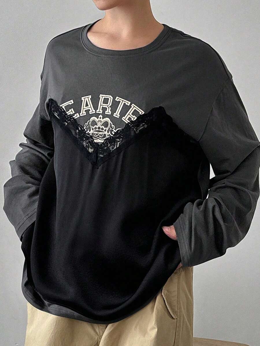 FRIFUL Women's Spring Summer Black Crown & Letter Print Loose 2 In 1 Long Sleeve Casual Lace T-Shirt