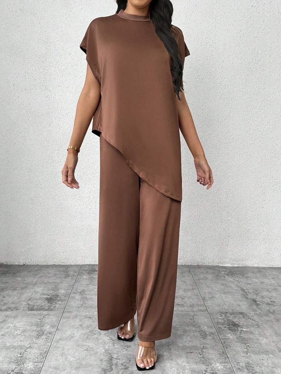 SHEIN Privé 2pcs Set Women Minimalist Elegant White Collared Dolman Sleeve Asymmetric Hem Loose Fit T-Shirt & Wide Leg Pants