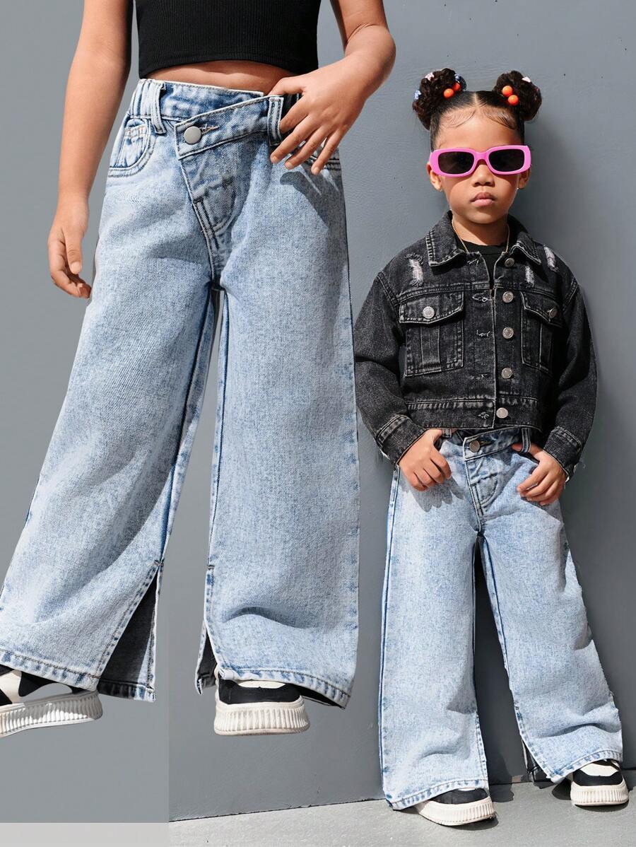 SHEIN Explorewe Jeans de pierna acampanada casual con lavado claro y dobladillo con abertura lateral para niña