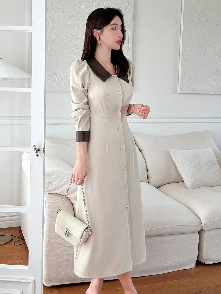 DAZY Elegant Patchwork PU Leather Collar Single-Breasted Lace-Up Waist Long Sleeve Dress