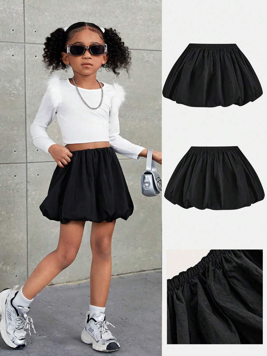 SHEIN Falda mini de diseño de burbuja de cintura baja de unicolor en tela cortaviento para niña, ropa de vuelta al colegio, estilo deportivo, estilo callejero, a juego madre e hija, para Navidad, excelente para uso casual y diario, y en otoño e invierno