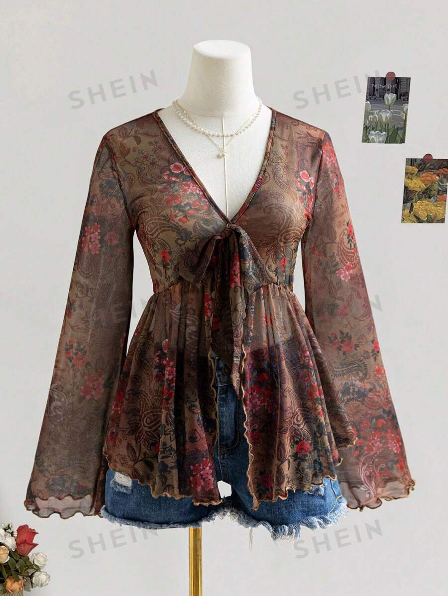 Soleia Top asimétrico con cuello en V retro, cordones, moño y mangas acampanadas para mujer, otoño