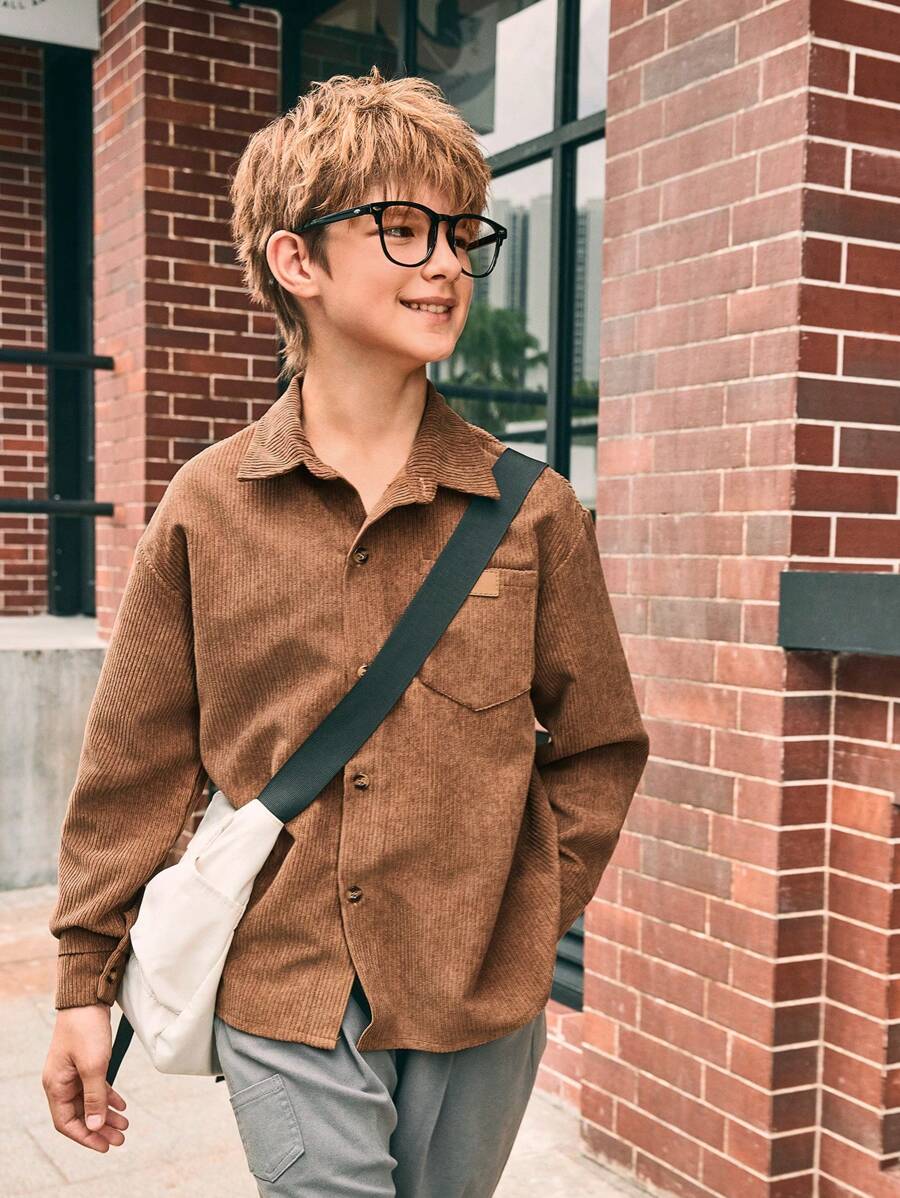 SHEIN Chaqueta informal de manga larga, bolsillo y holgada de pana para niños preadolescentes, otoño/invierno