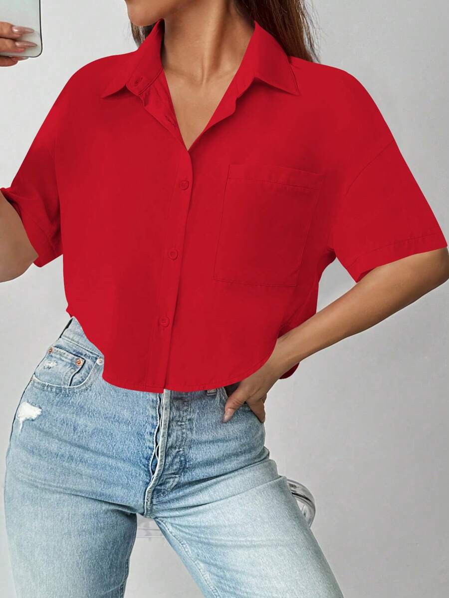 Chiquease Women's Solid Color Pocket Short Sleeve Cropped Casual Shirt, Summer For New Year Clothes,Short Sleeve Tops