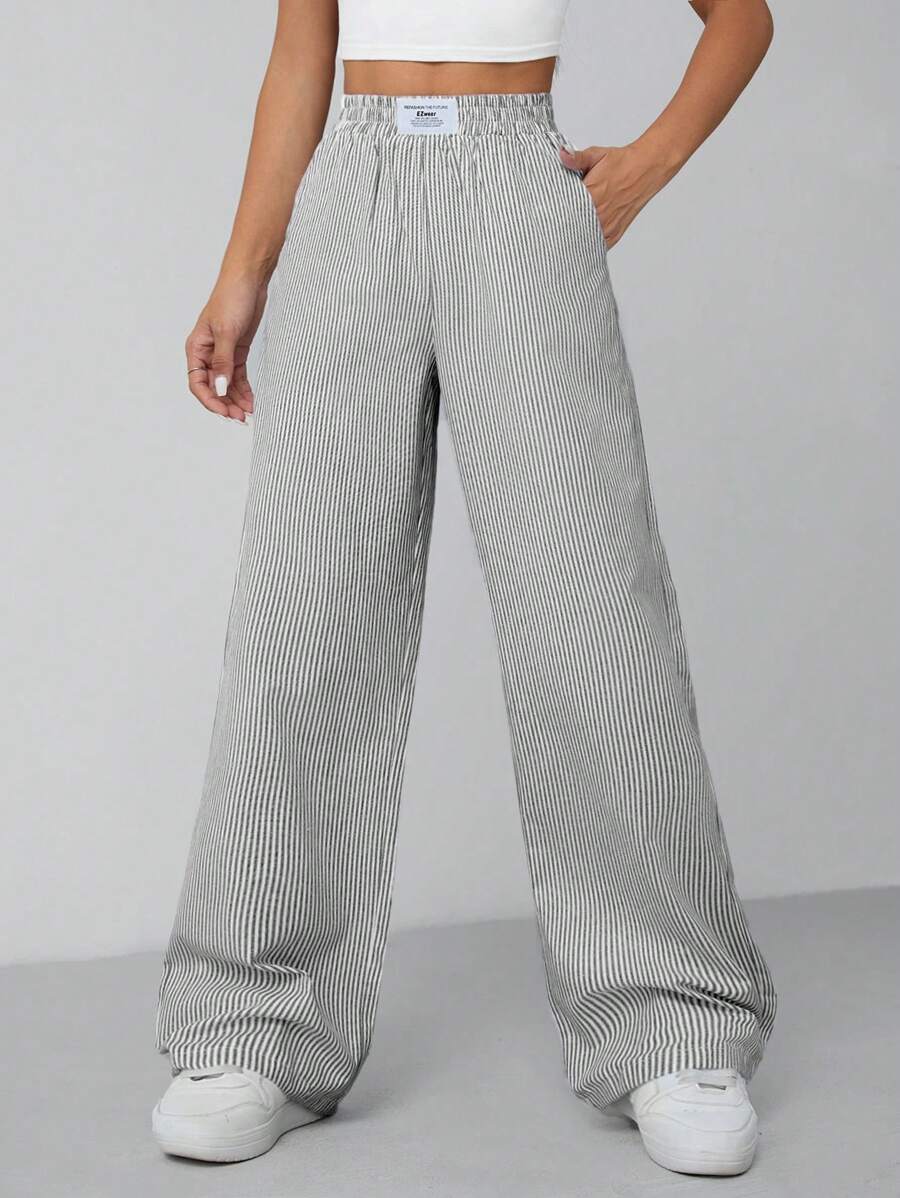 SHEIN PETITE Blauwe geweven, met garen geverfde gestreepte broek voor dames