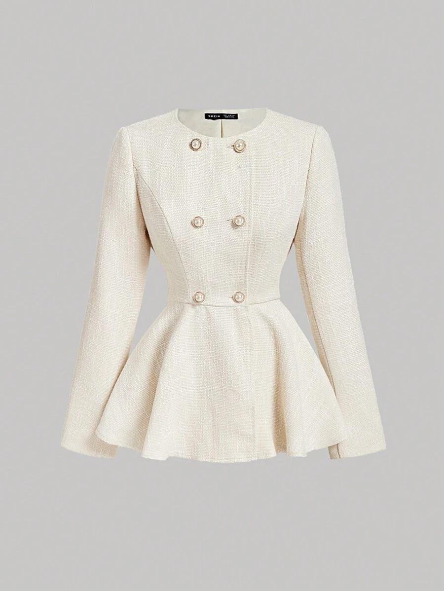 SHEIN MOD Apricot-Color Double Breasted Long Sleeve Ladies Elegant Ruffle Hem Jacket,Fall Clothes,Women Jackets,Winter Women Clothes, New Year,Valentine,Witch,Business Women Clothes
