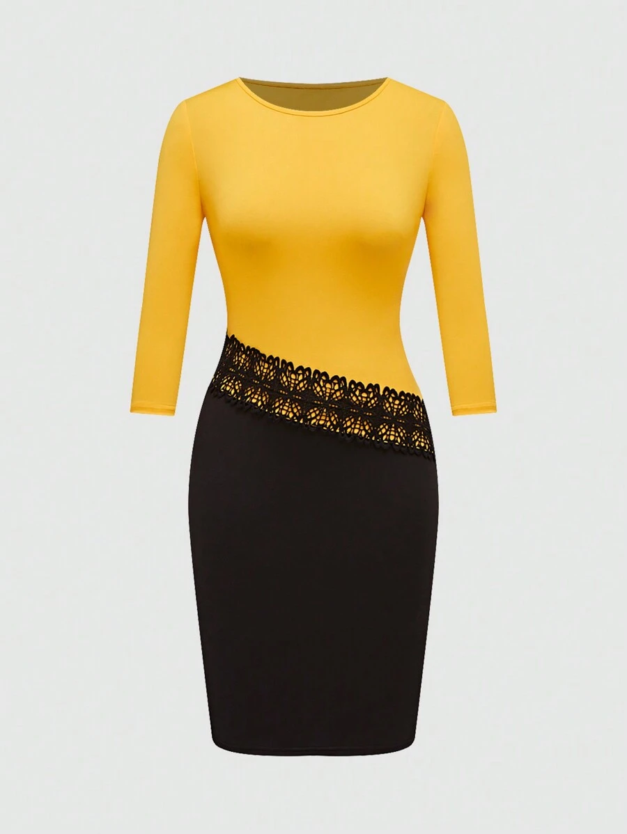 SHEIN Clasi Women Spring Autumn Contrast Lace Round Neck Long Sleeve Slim Elegant Color Block Dress