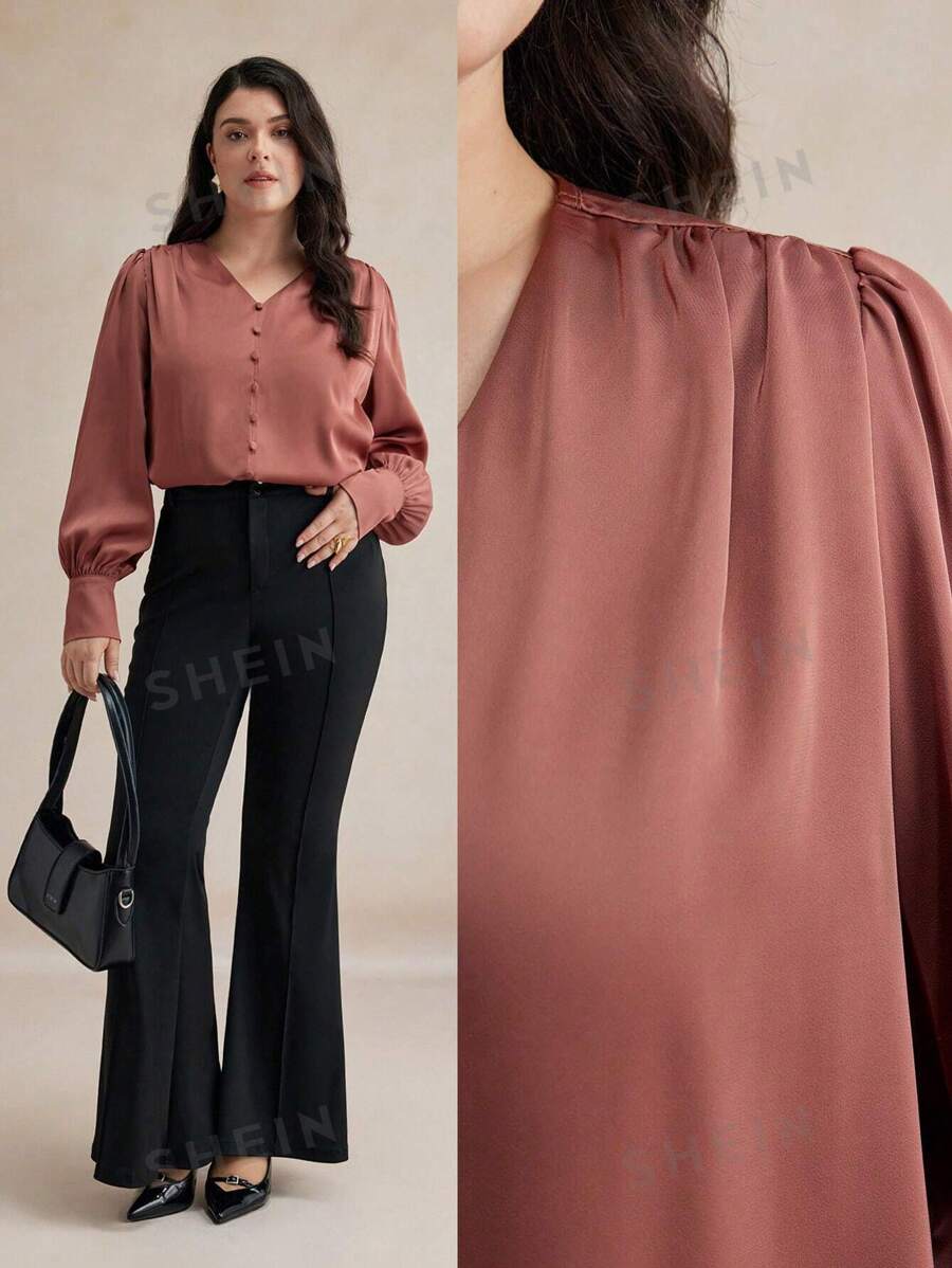 Maija Blusa informal de manga larga con botones delanteros, cuello en V y unicolor, para atuendos de mujer de talla grande en otoño e invierno