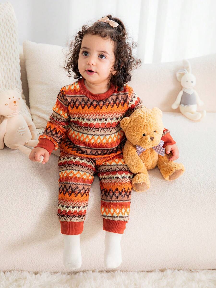 2 piezas Conjunto de top de manga larga y pantalones a juego de punto manual retro para bebé niña, tela suave y acogedora, para uso en exteriores