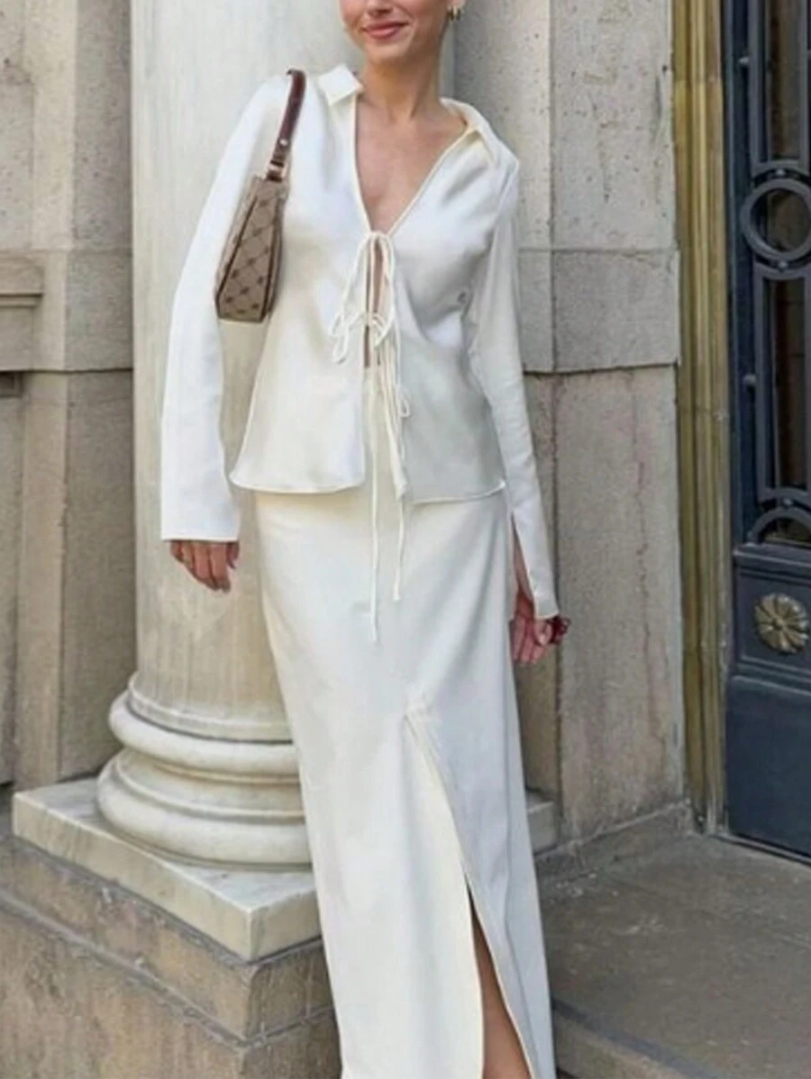 INAWLY 2 pièces Set élégant pour femmes avec chemise à manches longues à nœud devant de couleur unie et jupe midi avec ourlet fendu pour le printemps et l'automne