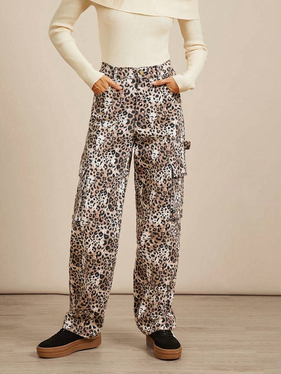 WESTFADE Pantalones de carga casuales de mezclilla de algodón 98% premium con estampado de leopardo