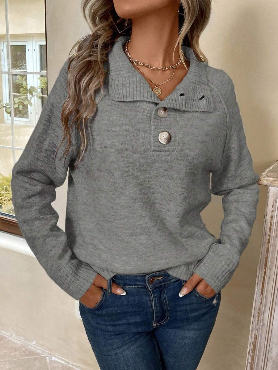 SHEIN LUNE Solid Color Button Front Long Sleeve Minimalist Sweater, Casual Wear