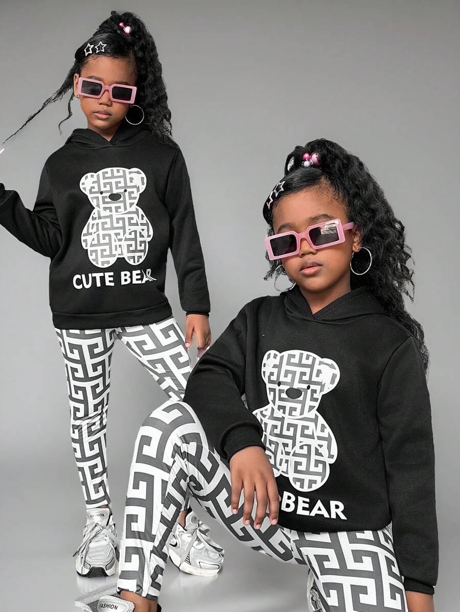 SHEIN 2pcs/Set Tween Girls' Casual Bear Letter & Geometric Print Hoodie Sweatshirt And Geometric Print Leggings, Suitable For Leisure And Outdoor Wear In Autumn, Winter And Spring