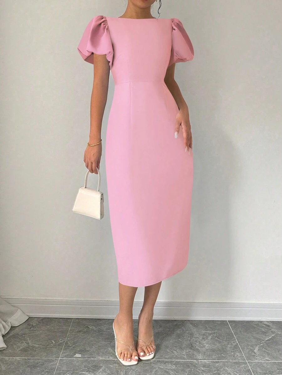Elenzga Vestido elegante de mujer de unicolor con cuello redondo, manga corta abullonada y ajustado hasta la mitad del muslo, conjunto de mujer de verano maxivestido