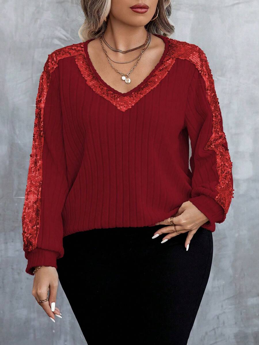 EMERY ROSE Camiseta casual de manga larga con cuello en V, efecto brillo y parches para mujer talla grande. Ideal para usar en la primavera, otoño y como atuendo para el Año Nuevo.