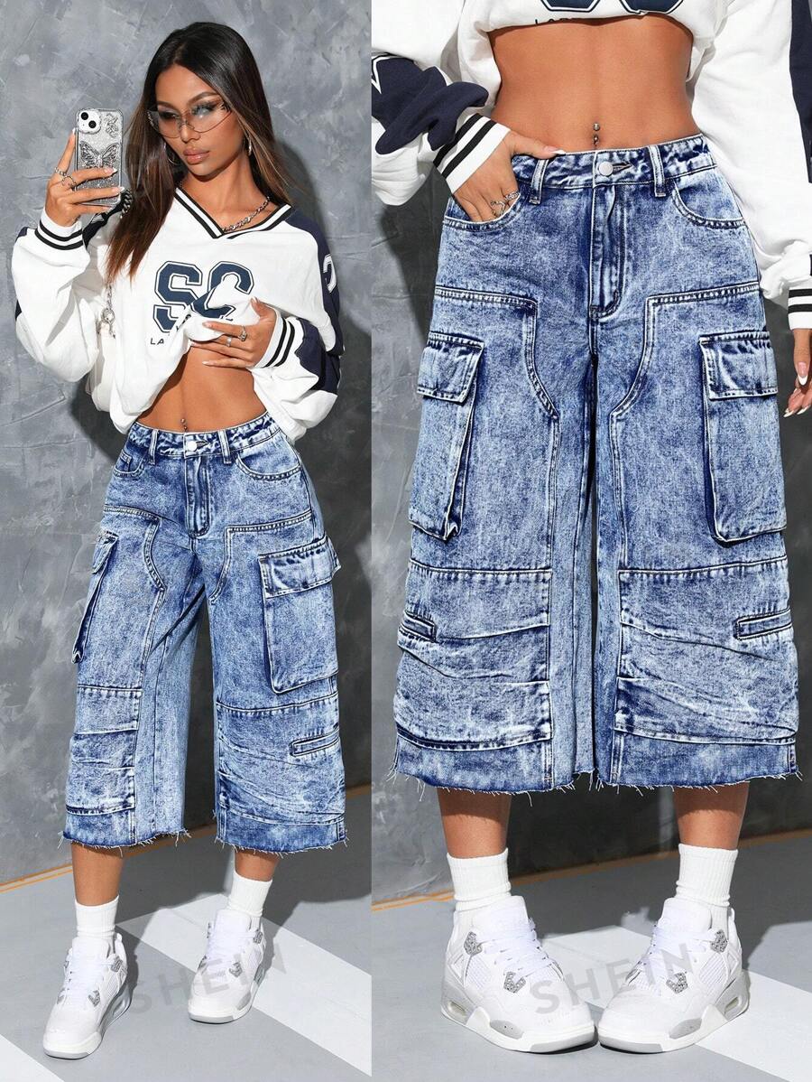 SHEIN ICON Pantalones vaqueros casuales para mujer con varios bolsillos y botón delantero simple