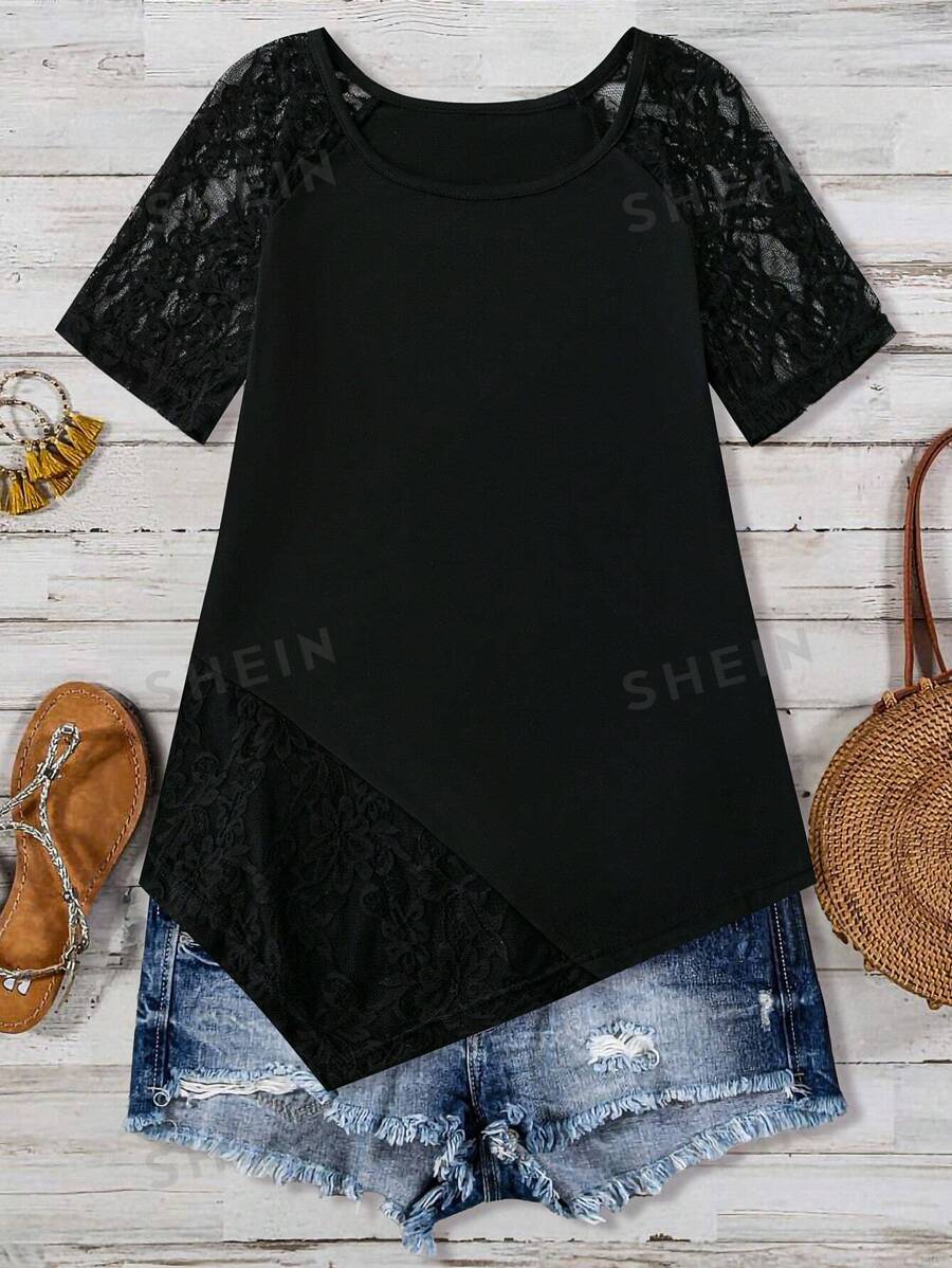 SHEIN Clasi Camiseta de manga corta suelta con cuello redondo y parches de encaje en negro para mujer