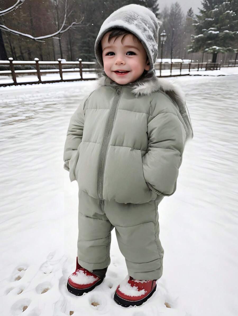 SHEIN 2pcs Baby Boy/Girl Warm Fleece Hooded Padded Coat + Overalls, Suitable For Autumn/Winter Outdoor, Skiing