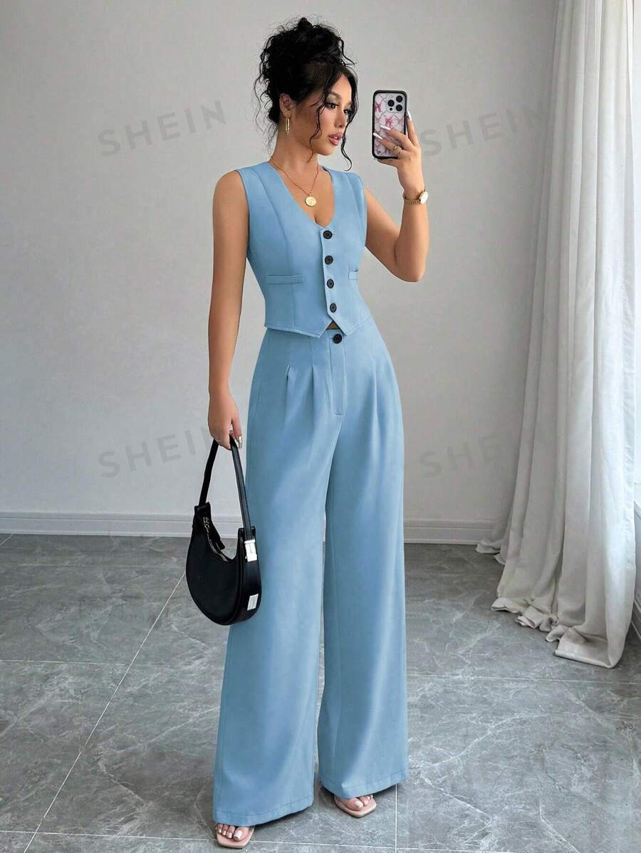 Elenzga 2 piezas Conjunto de traje informal con top blazer sin mangas y pantalones