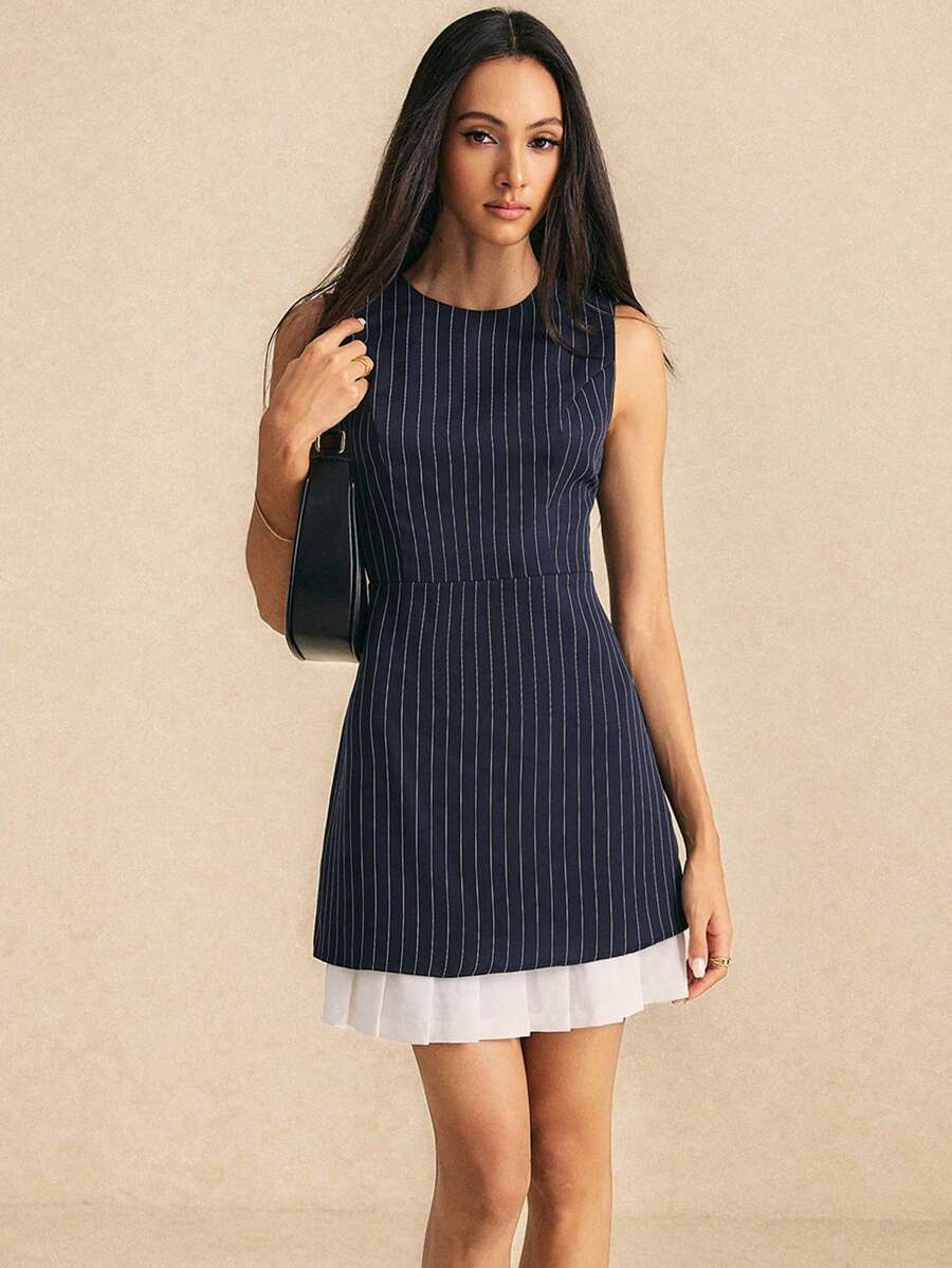Poéselle Women's Navy Striped Contrast Hem Dress Work Dress