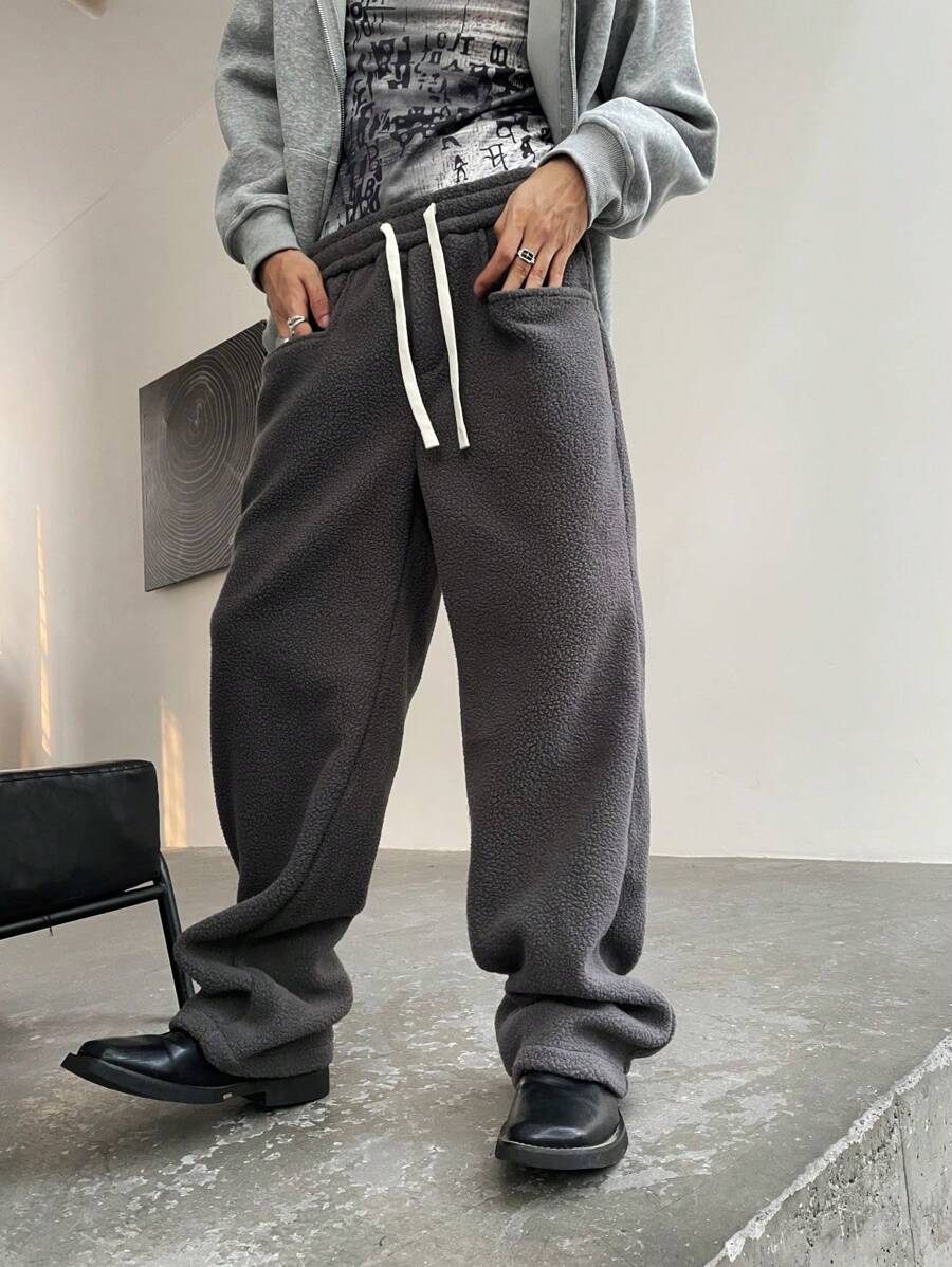 Manfinity Hypemode Pantalones grises de cintura elástica con forro de borreguillo para hombre