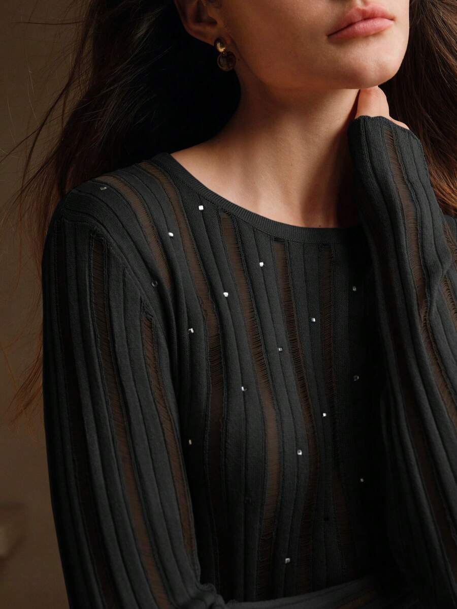 Anewsta Camiseta de cuello redondo de manga larga con diseño de textura de ganchillo y adornos de strass en toda la prenda, de corte casual, sexy, elegante y sencillo, estilo básico