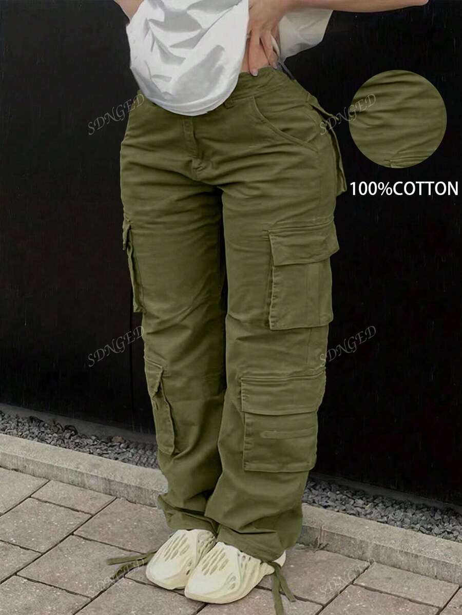 Plus Size Solid Color Button Casual Multi-Pocket Cargo Pants
