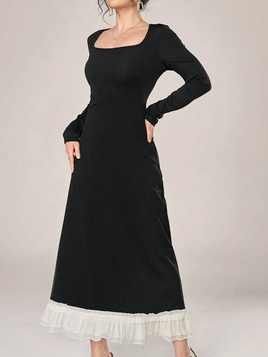 Modelyn Women's Solid Square Neck Elegant Long Sleeve Dress