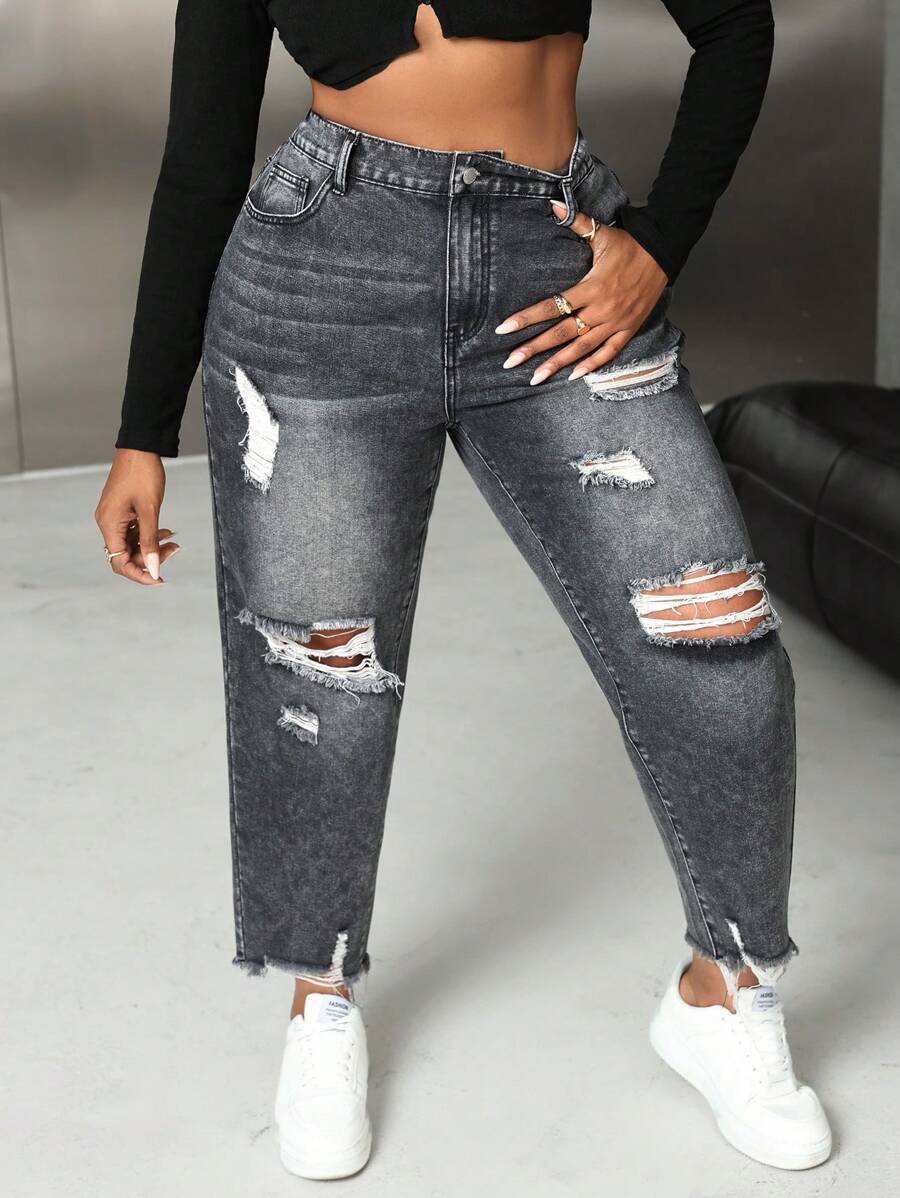 SHEIN SXY Plus Size Jeans Ripped Fit Tapered Pants Plus Size Black Jeans Black Jeans Pants Halloween Pants Going Out Bottoms Women Jeans Pants Fall Pants Denim Pants Fall Women Clothes Jeans Cowgirl Jeans