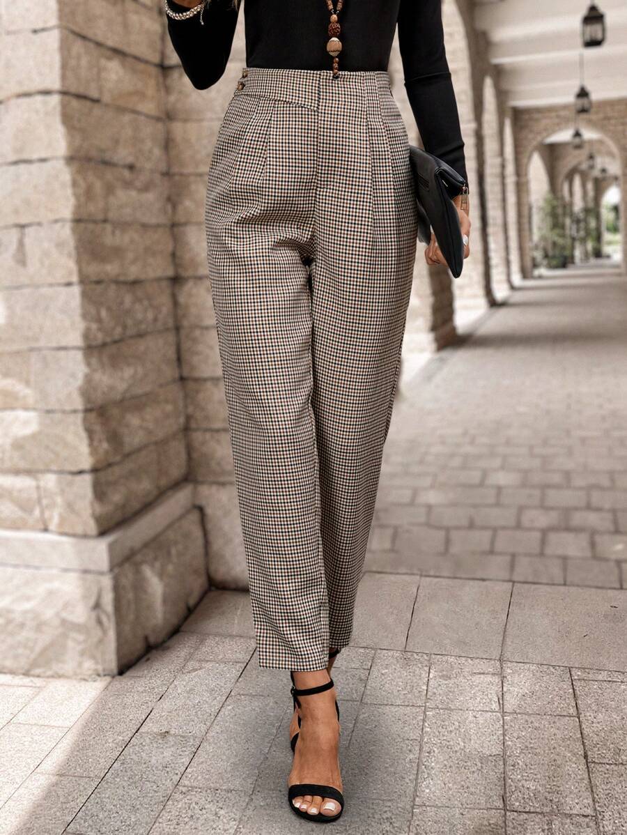 EMERY ROSE Pantalones de traje de mujer de cuadros simples con bolsillos, ropa casual de invierno