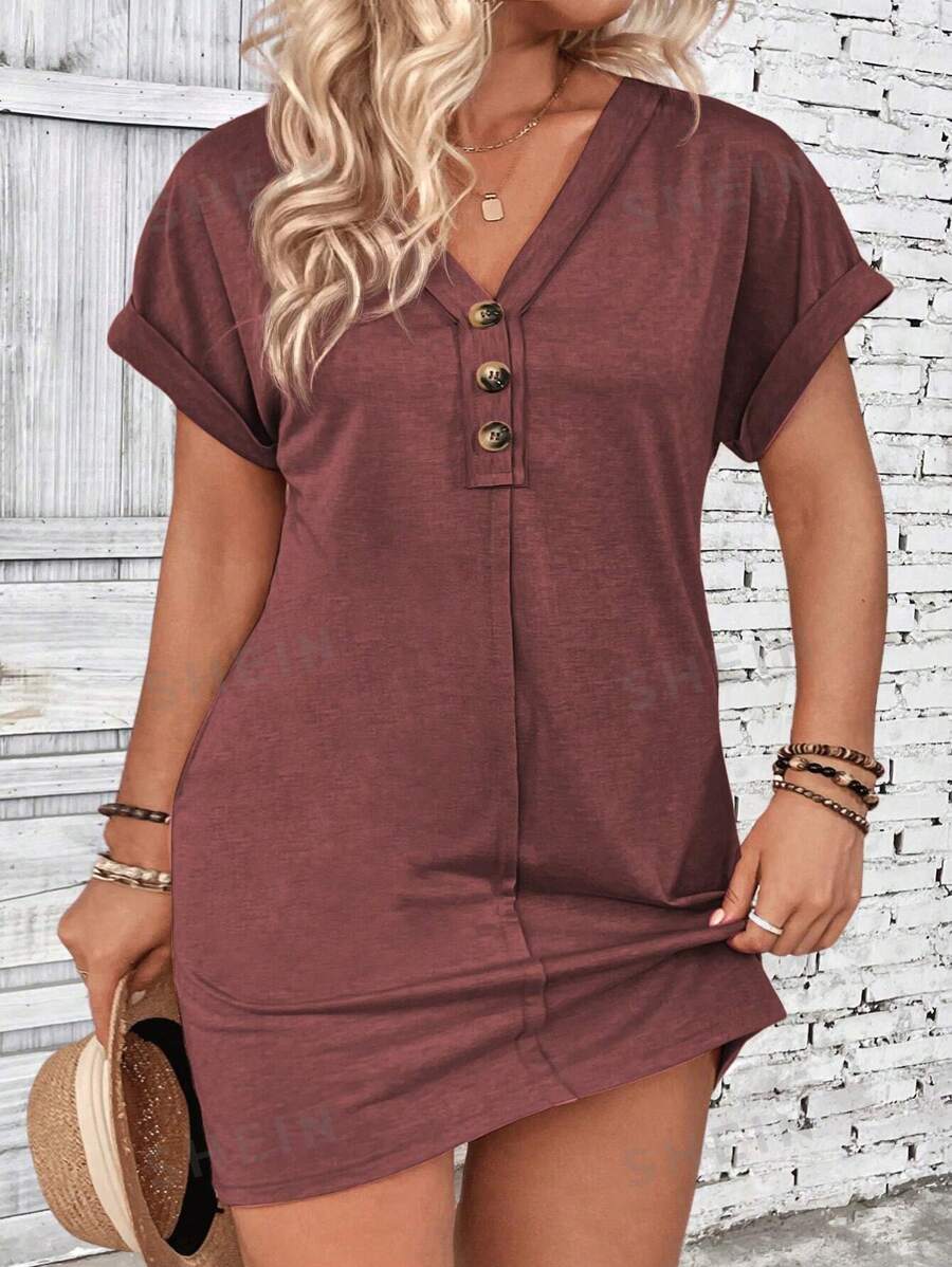 INAWLY Vestido casual suelto de color liso con escote en V y manga corta, diseño con botones, color borgoña, para mujeres de talla grande