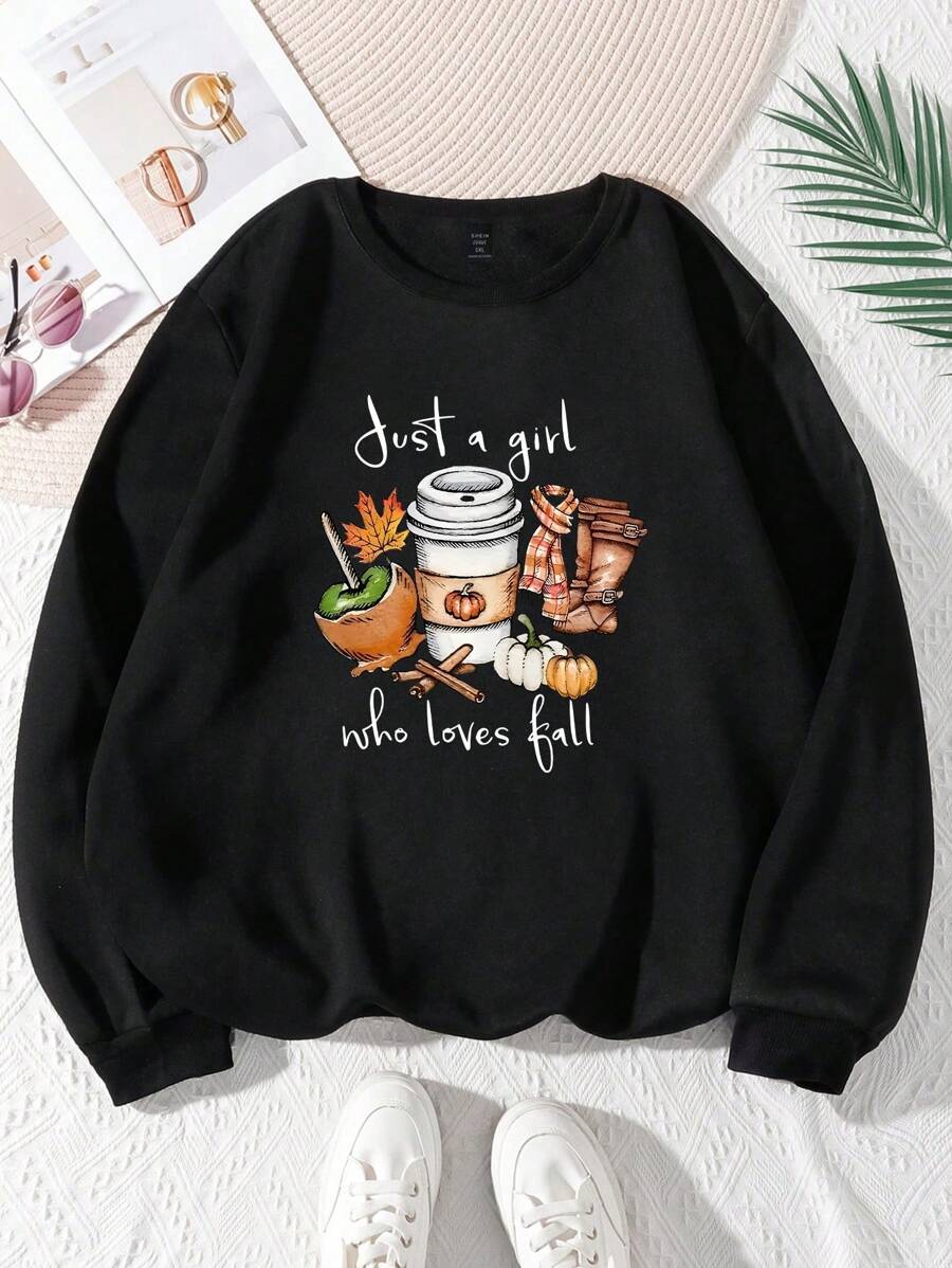 SHEIN LUNE Plus Size Women's Just A Girl Who Loves Fall Pumpkin Spice Latte Sweatshirt