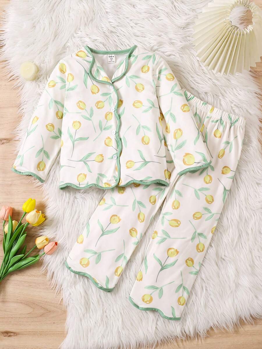 Set de 2 piezas de ropa casual para niña pequeña con top de manga larga con estampado de tulipanes y pantalones, conjunto de pijama para bebé de primavera