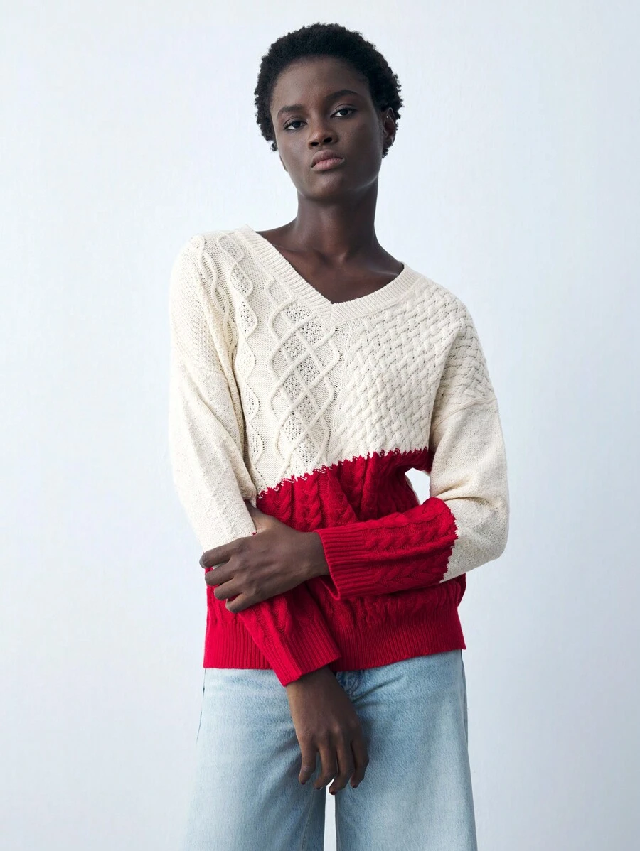 Maija Women's Colorblock V-Neck Drop Shoulder Casual Sweater, Red And White