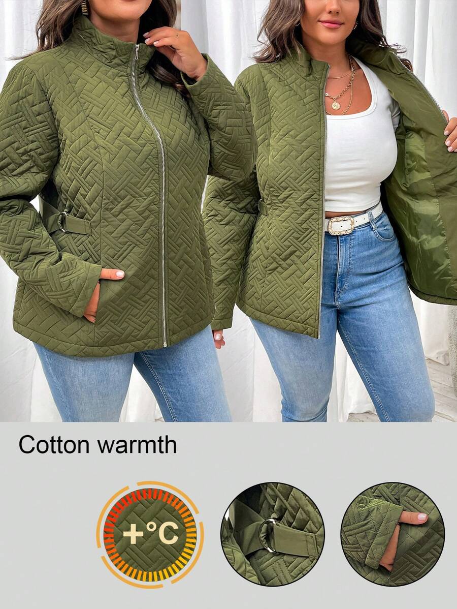 SHEIN LUNE Plus Size Solid Color Zip-Up Long Sleeve Casual Simple Padded Padded Coat Clothes Winter